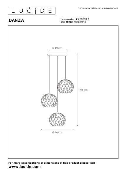 Lucide DANZA - Hanglamp - Ø 50 cm - 3xE27 - Mat Goud / Messing - technisch